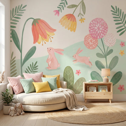 Tavşan ve Çiçekli Poster Duvar Kağıdı Pastel Çocuk Odası
