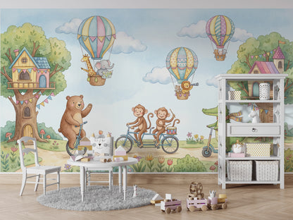 Balonlu Hayvanlar Poster Duvar Kağıdı Pastel Mavi Çocuk Odası