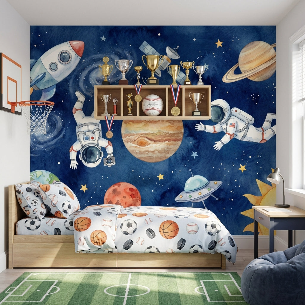 Uzay Astronot ve Gezegenli Poster Duvar Kağıdı Çocuk Odası