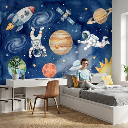 Uzay Astronot ve Gezegenli Poster Duvar Kağıdı Çocuk Odası