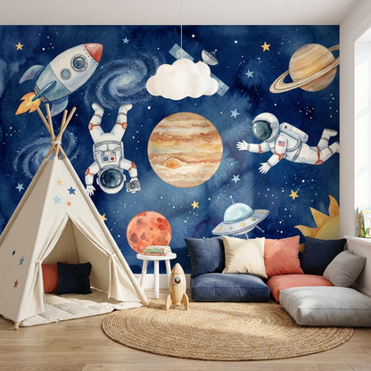 Uzay Astronot ve Gezegenli Poster Duvar Kağıdı Çocuk Odası
