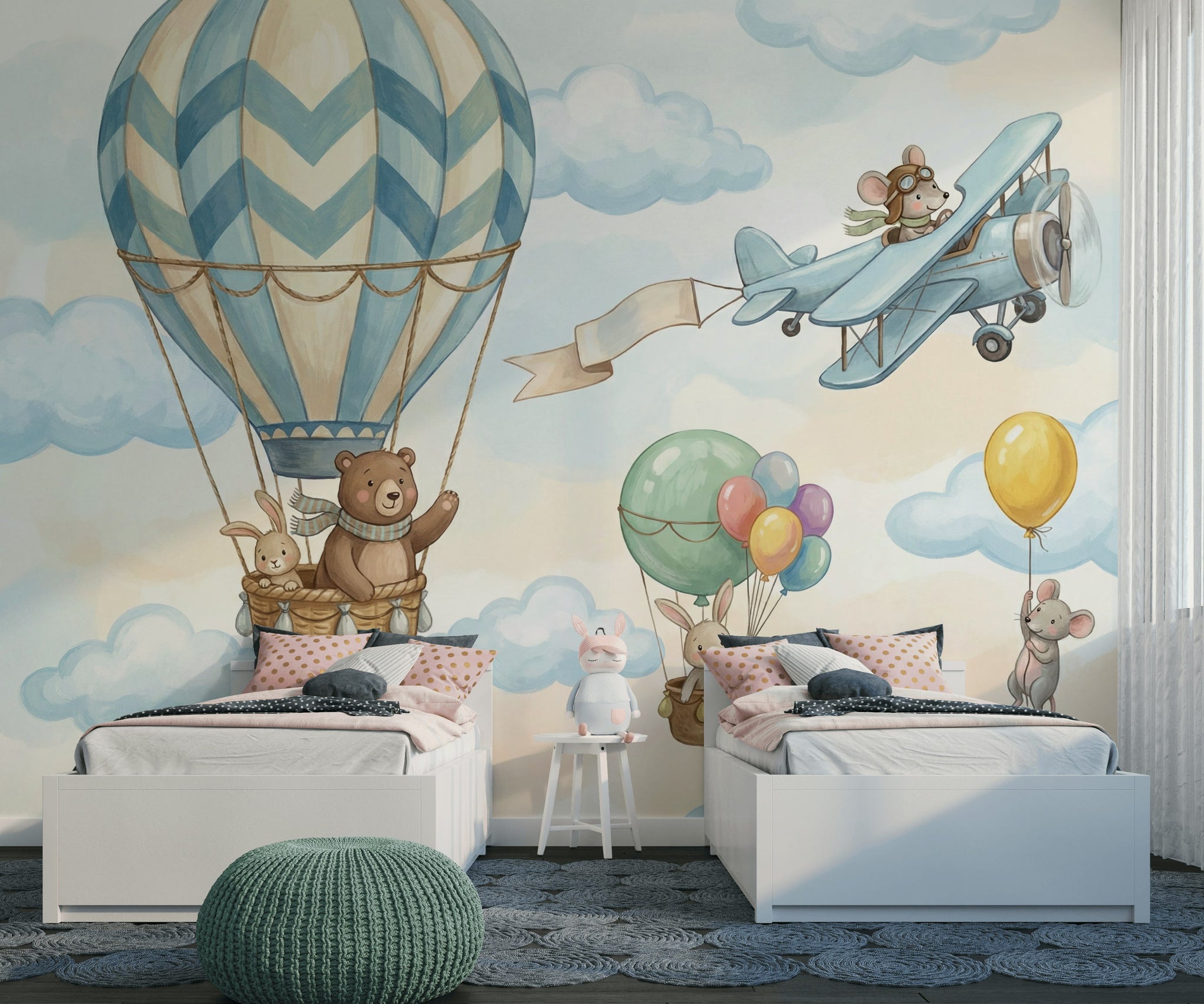 Balon ve Uçaklı Poster Duvar Kağıdı Mavi Çocuk Odası