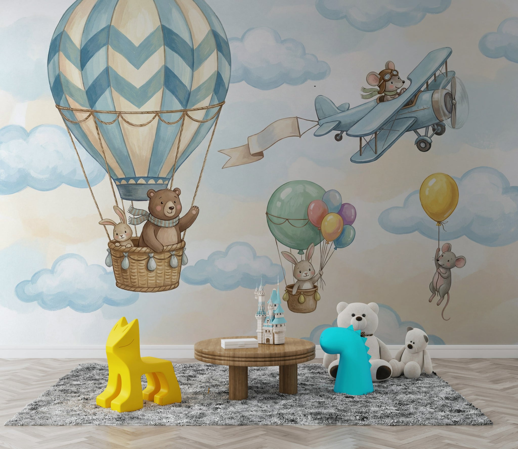 Balon ve Uçaklı Poster Duvar Kağıdı Mavi Çocuk Odası