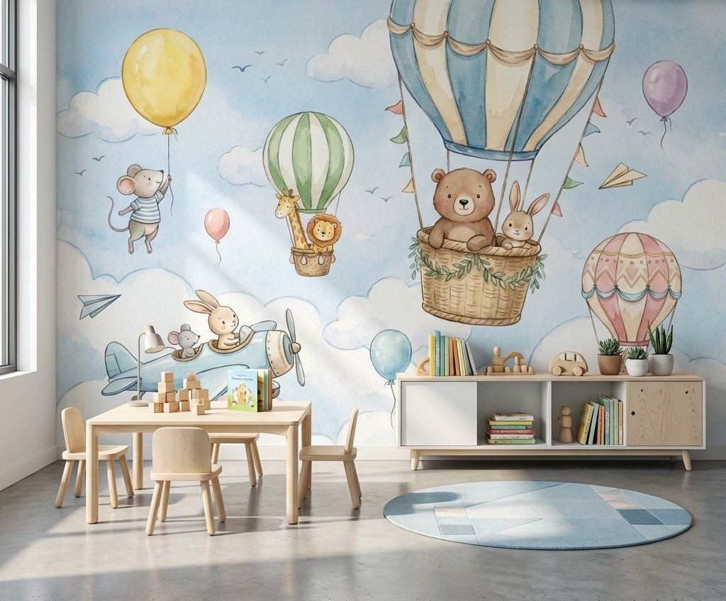 Balonlu Hayvanlar Poster Duvar Kağıdı Pastel Mavi Çocuk Odası