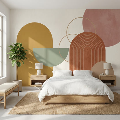 Modern Geometrik Poster Duvar Kağıdı Terracotta Tonlu Yatak Odası