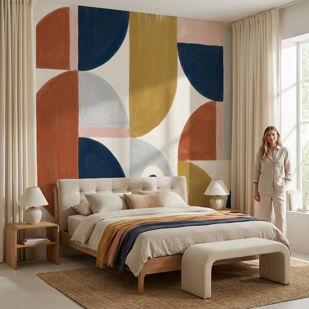 Soyut Geometrik Poster Duvar Kağıdı Lacivert Hardal Salon
