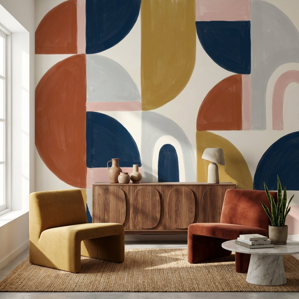 Soyut Geometrik Poster Duvar Kağıdı Lacivert Hardal Salon