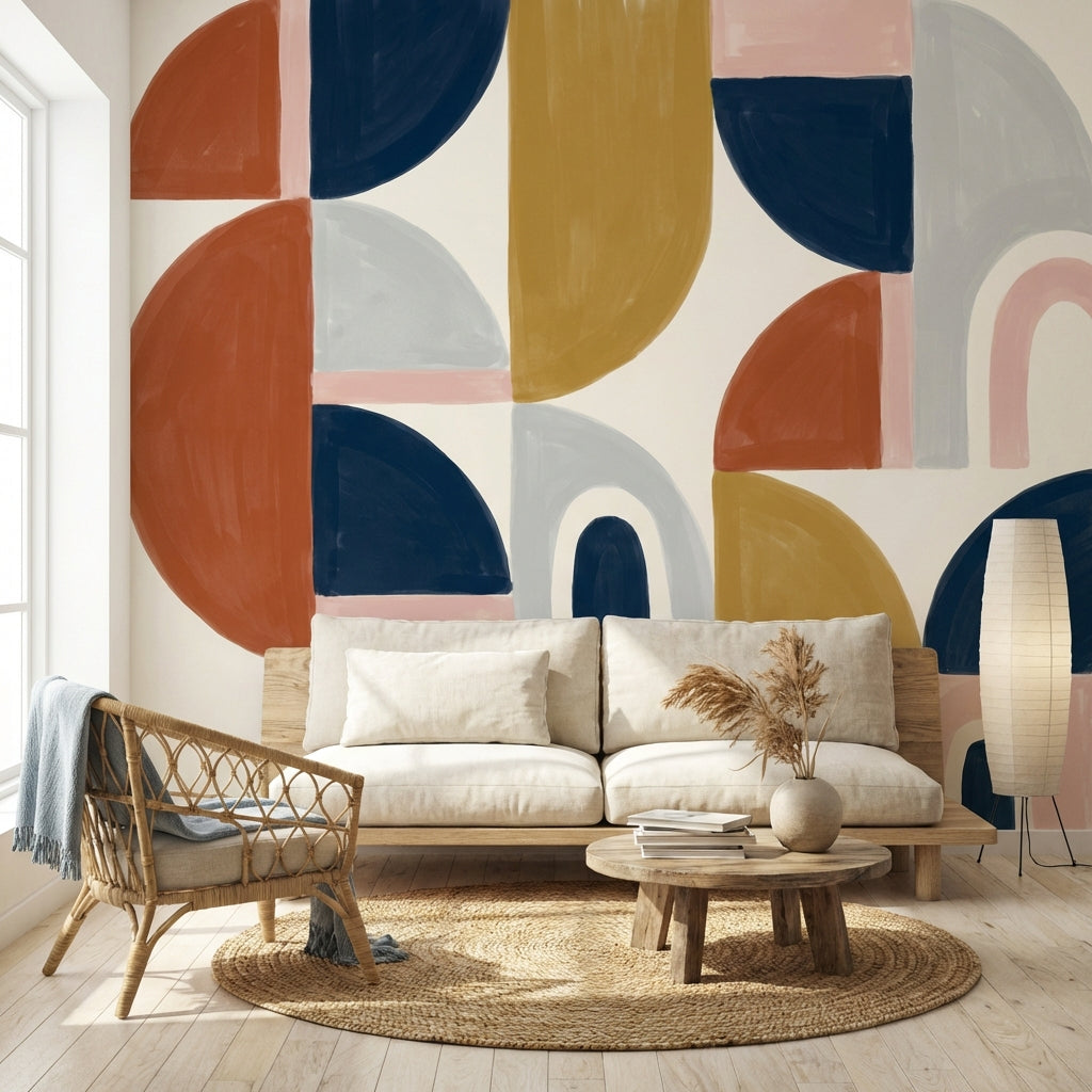 Soyut Geometrik Poster Duvar Kağıdı Lacivert Hardal Salon