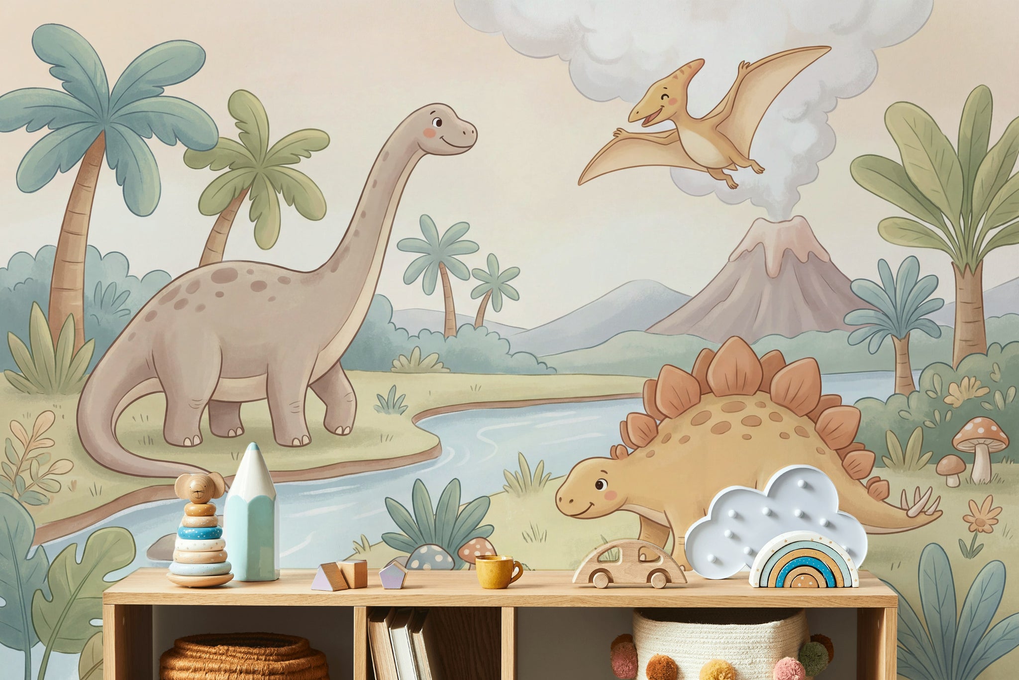 Dinozor Ormanı Poster Duvar Kağıdı Pastel Yeşil Çocuk Odası