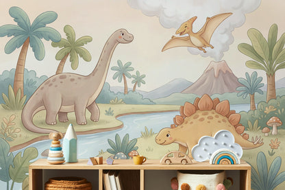 Dinozor Ormanı Poster Duvar Kağıdı Pastel Yeşil Çocuk Odası