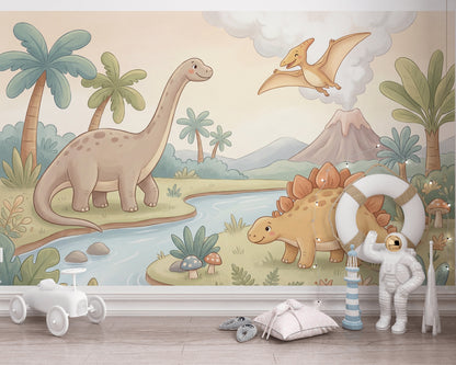 Dinozor Ormanı Poster Duvar Kağıdı Pastel Yeşil Çocuk Odası