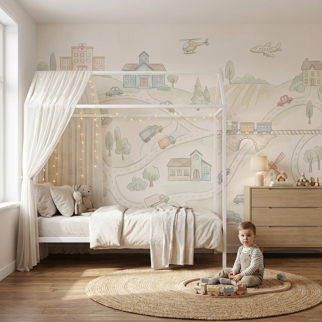 Şehir Haritalı Poster Duvar Kağıdı Pastel Çocuk Odası Desenli