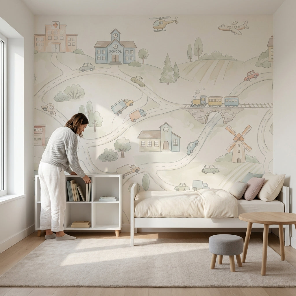 Şehir Haritalı Poster Duvar Kağıdı Pastel Çocuk Odası Desenli