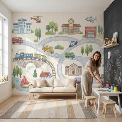 Çocuk Şehirli Araçlar Poster Duvar Kağıdı Pastel Oyun Odası