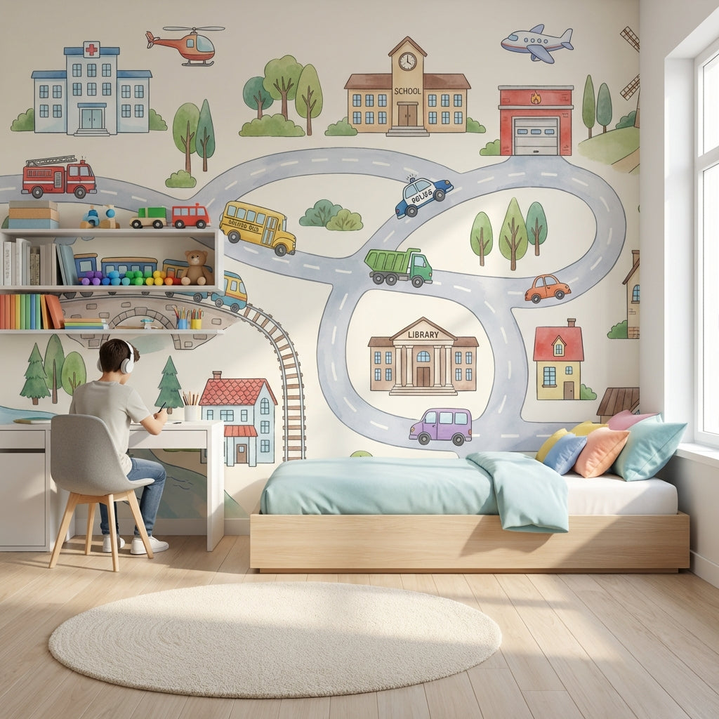 Çocuk Şehirli Araçlar Poster Duvar Kağıdı Pastel Oyun Odası