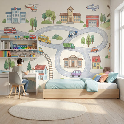 Çocuk Şehirli Araçlar Poster Duvar Kağıdı Pastel Oyun Odası