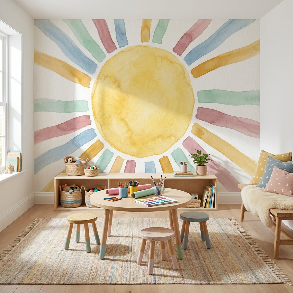Renkli Gökkuşağı ve Güneş Poster Duvar Kağıdı Bebek Odası