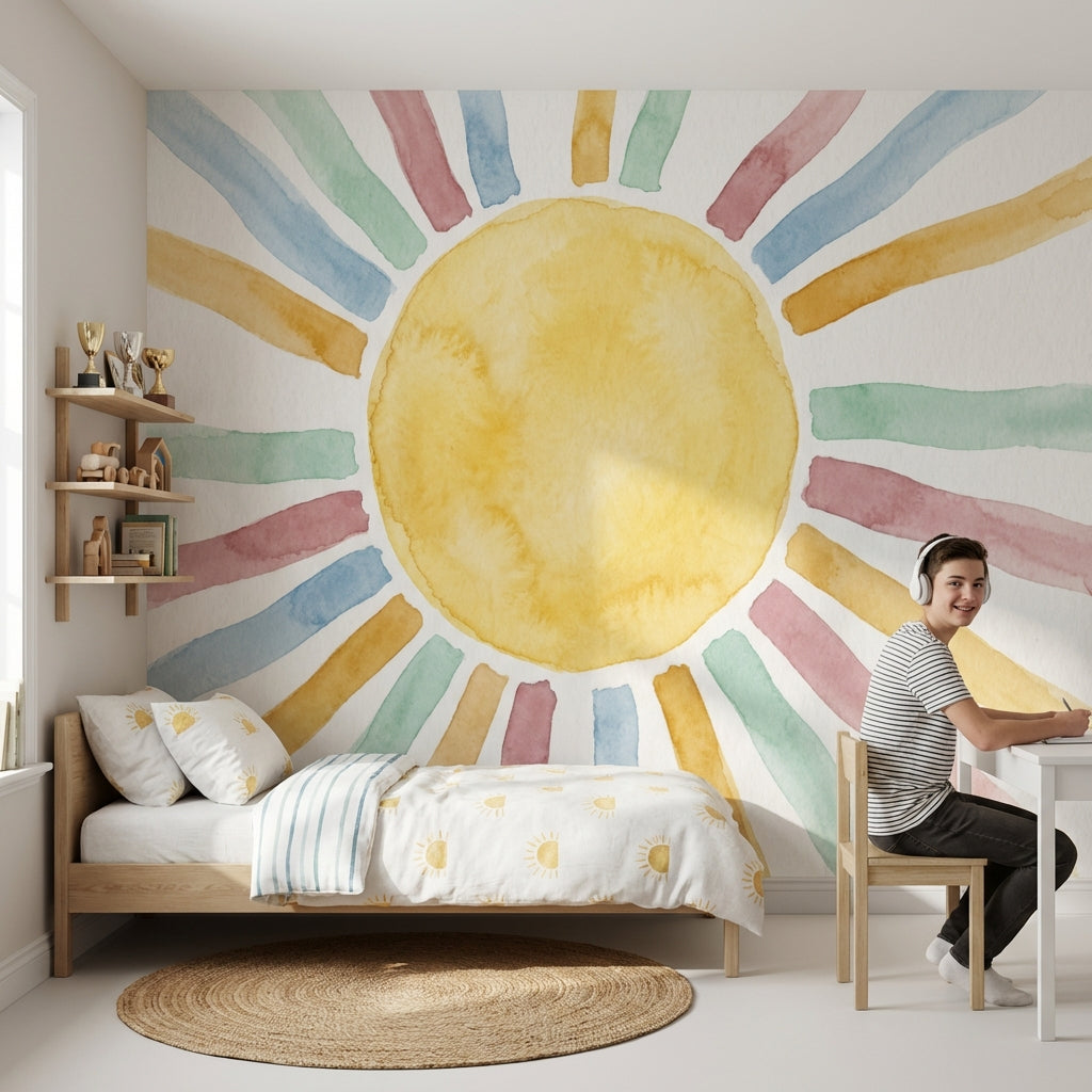 Renkli Gökkuşağı ve Güneş Poster Duvar Kağıdı Bebek Odası