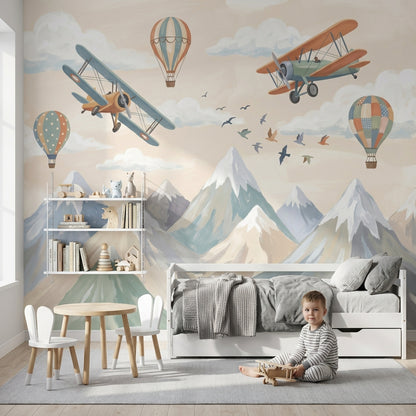 Uçak ve Balonlu Poster Duvar Kağıdı Çocuk Odası Pastel