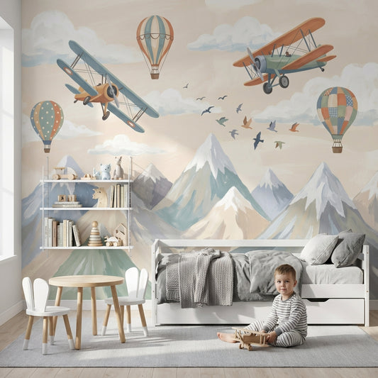 Uçak ve Balonlu Poster Duvar Kağıdı Çocuk Odası Pastel