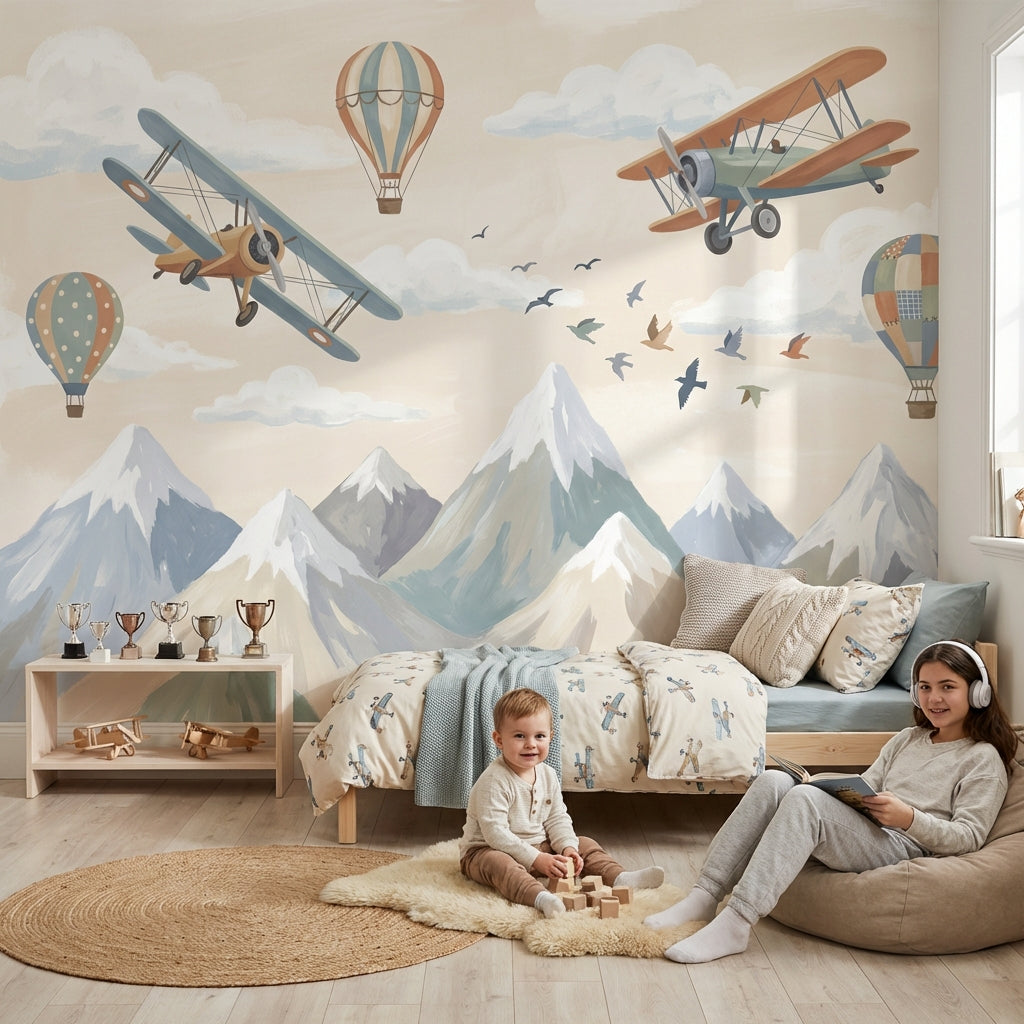 Uçak ve Balonlu Poster Duvar Kağıdı Çocuk Odası Pastel