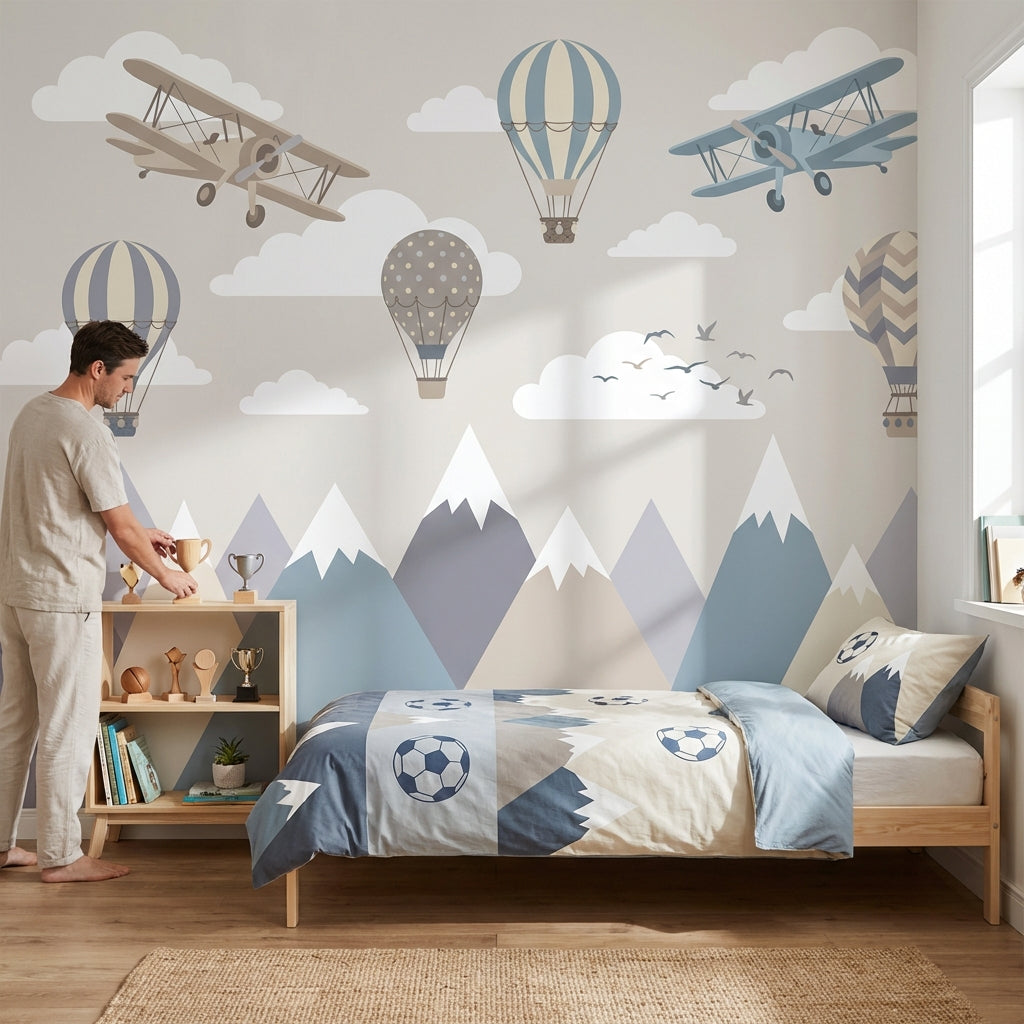 Uçak ve Balonlu Poster Duvar Kağıdı Pastel Bebek Odası