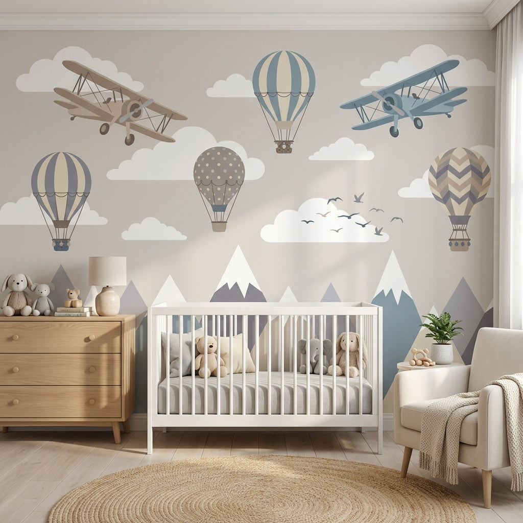 Uçak ve Balonlu Poster Duvar Kağıdı Pastel Bebek Odası