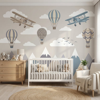 Uçak ve Balonlu Poster Duvar Kağıdı Pastel Bebek Odası