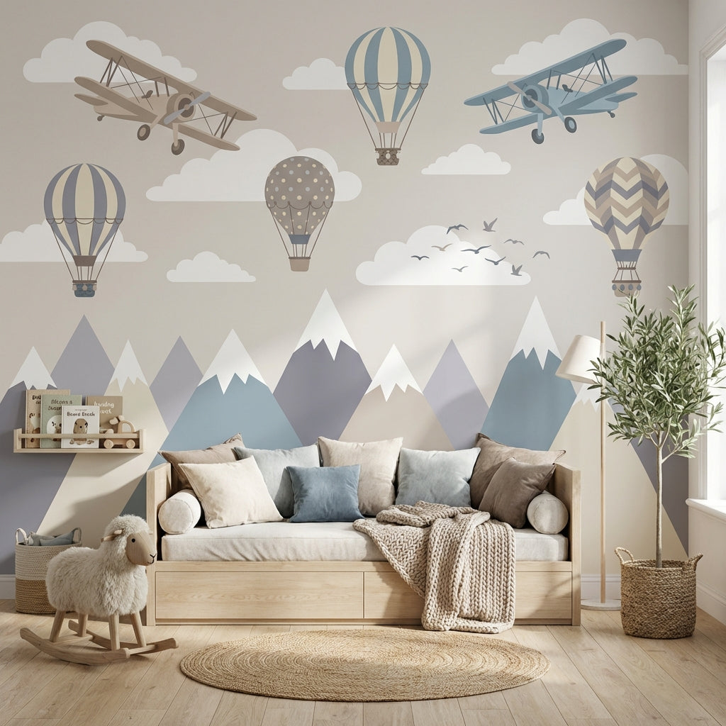 Uçak ve Balonlu Poster Duvar Kağıdı Pastel Bebek Odası