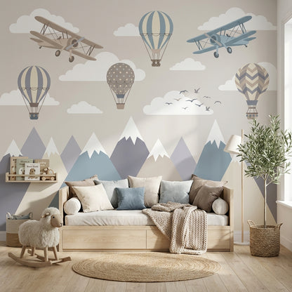 Uçak ve Balonlu Poster Duvar Kağıdı Pastel Bebek Odası