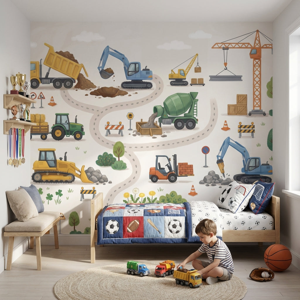İnşaat Araçları Poster Duvar Kağıdı Çocuk Odası Renkli Desen