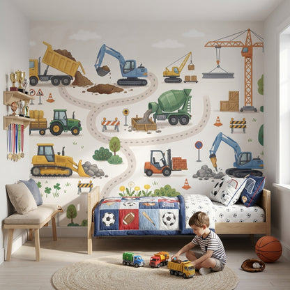 İnşaat Araçları Poster Duvar Kağıdı Çocuk Odası Renkli Desen