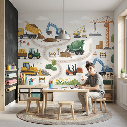 İnşaat Araçları Poster Duvar Kağıdı Çocuk Odası Renkli Desen