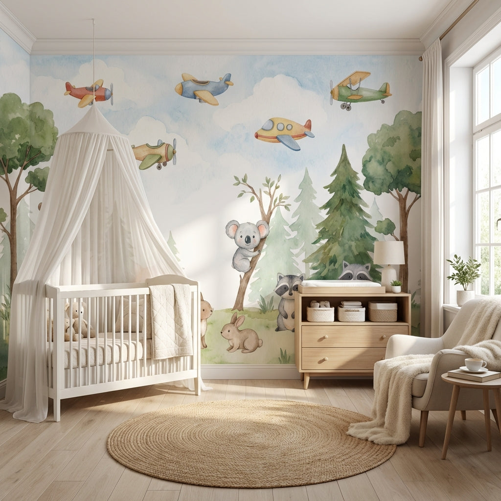 Orman Hayvanlı Uçaklı Poster Duvar Kağıdı Bebek Odası