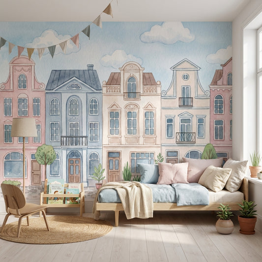 Pastel Şehir Evleri Poster Duvar Kağıdı Çocuk Odası