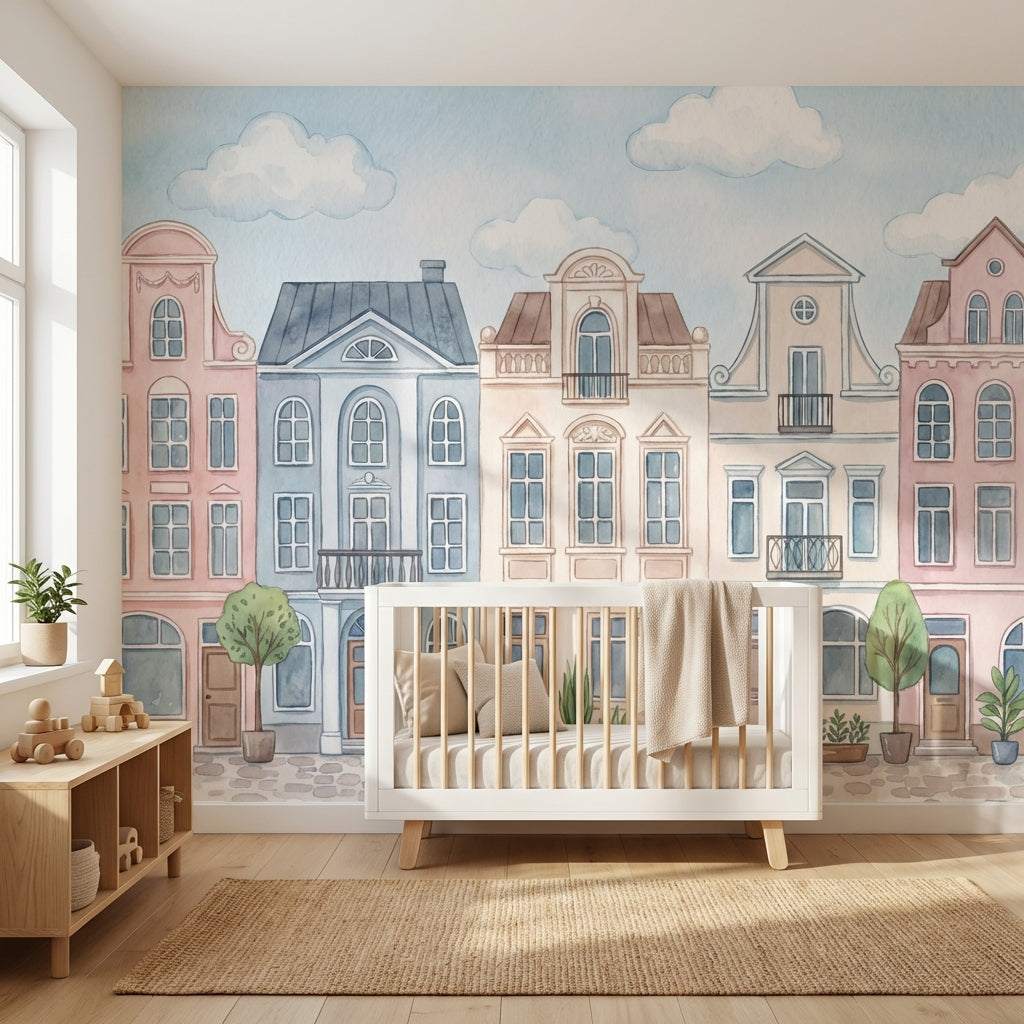 Pastel Şehir Evleri Poster Duvar Kağıdı Çocuk Odası