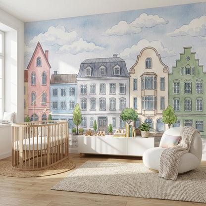 Pastel Şehir Evleri Poster Duvar Kağıdı Çocuk Odası