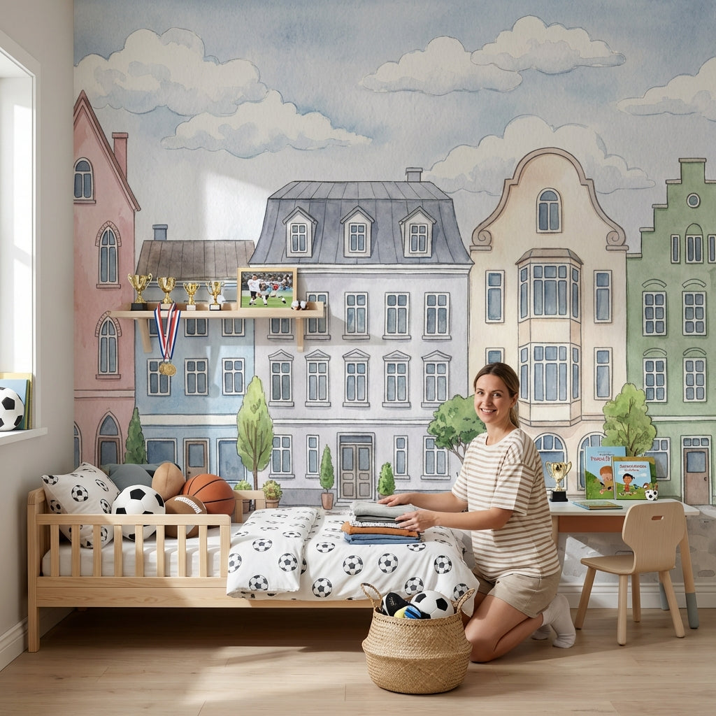 Pastel Şehir Evleri Poster Duvar Kağıdı Çocuk Odası