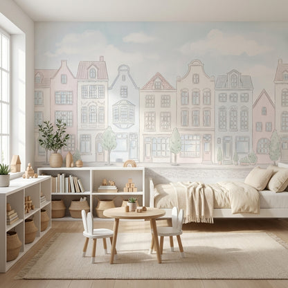 Pastel Şehir Evleri Poster Duvar Kağıdı Çocuk Odası Duvar Muralı