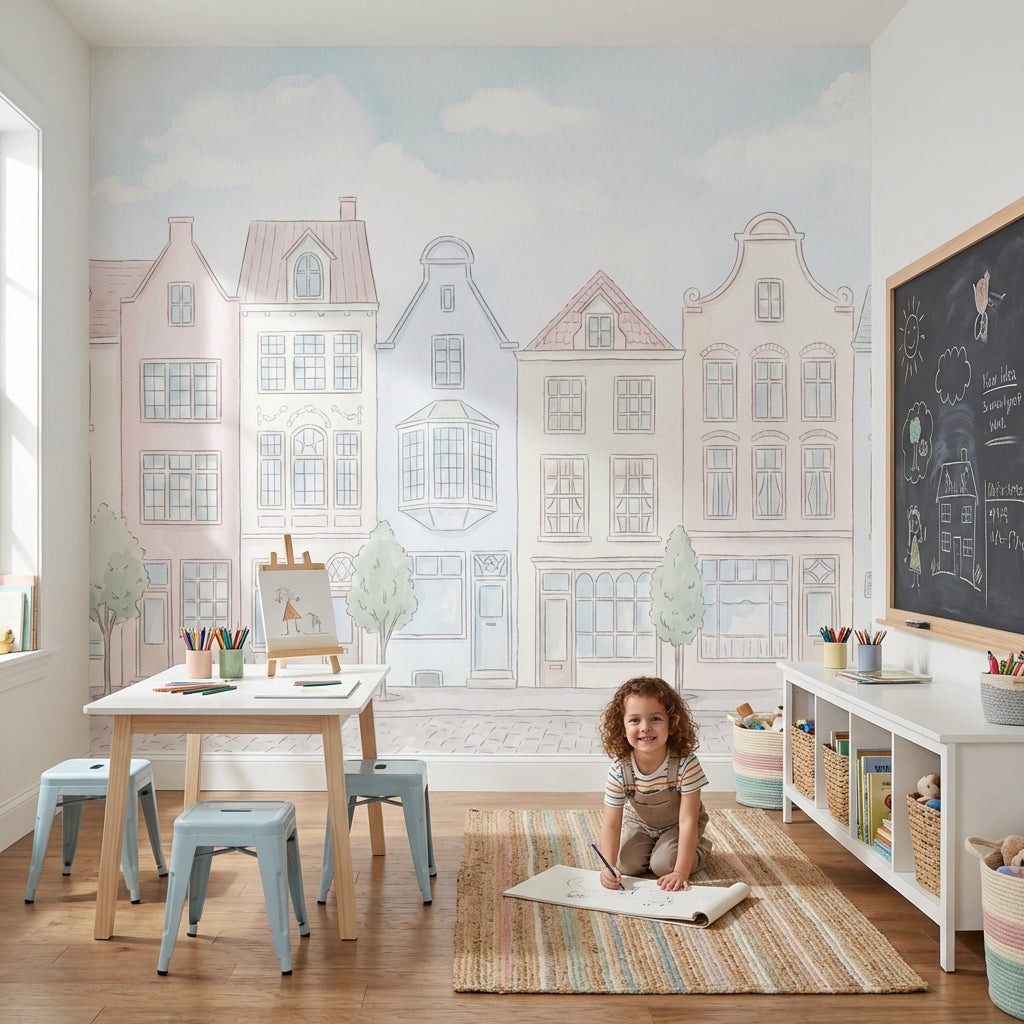 Pastel Şehir Evleri Poster Duvar Kağıdı Çocuk Odası Duvar Muralı