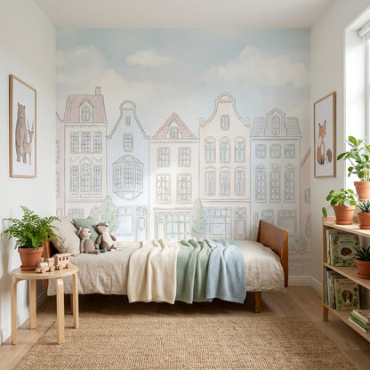 Pastel Şehir Evleri Poster Duvar Kağıdı Çocuk Odası Duvar Muralı