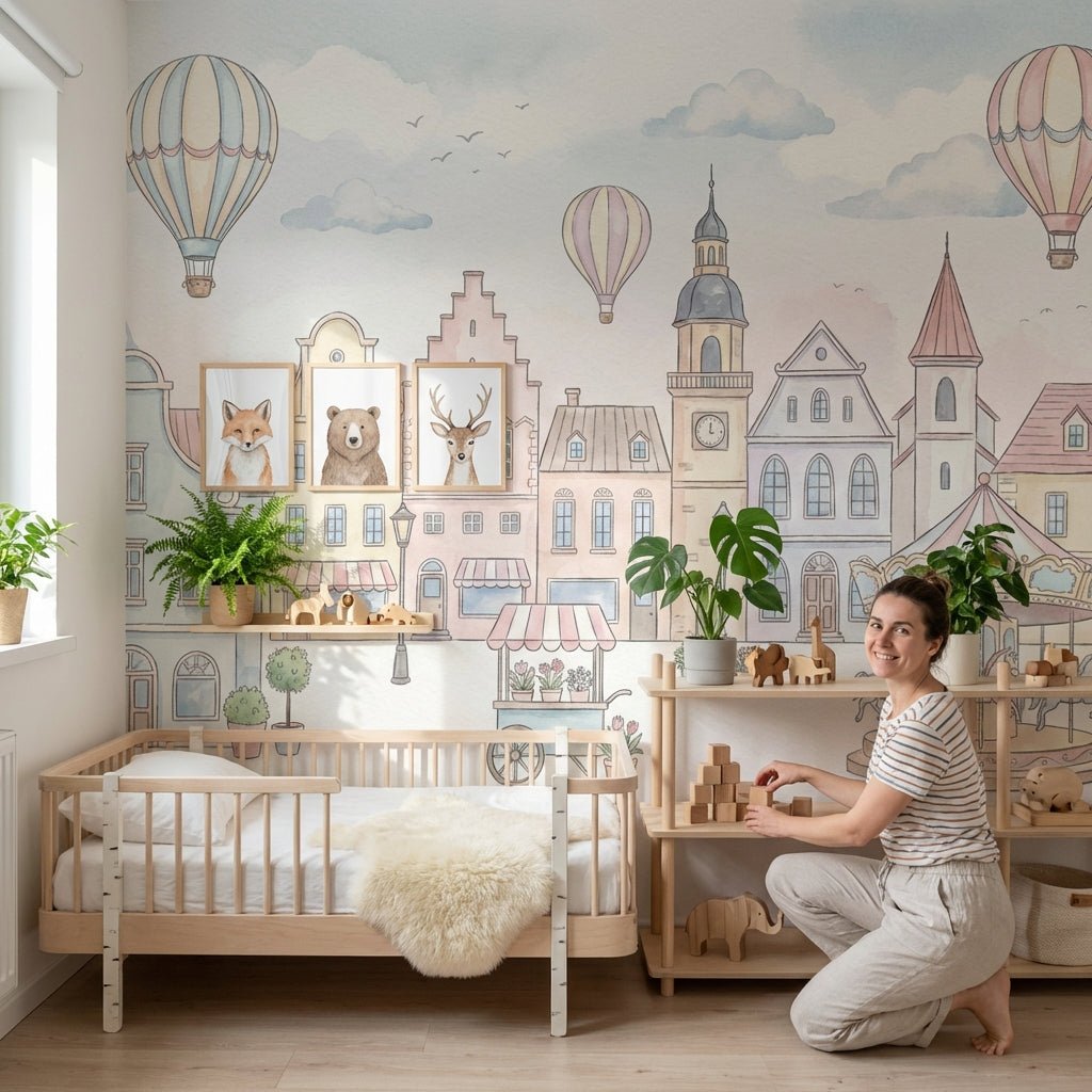 Balonlu Masal Şehri Poster Duvar Kağıdı Pastel Bebek Odası