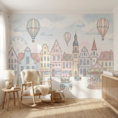 Balonlu Masal Şehri Poster Duvar Kağıdı Pastel Bebek Odası
