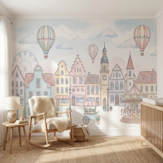 Balonlu Masal Şehri Poster Duvar Kağıdı Pastel Bebek Odası