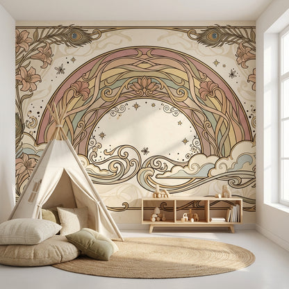 Art Nouveau Gökkuşağı Poster Duvar Kağıdı Bej Krem Bebek Odası