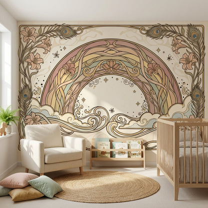 Art Nouveau Gökkuşağı Poster Duvar Kağıdı Bej Krem Bebek Odası