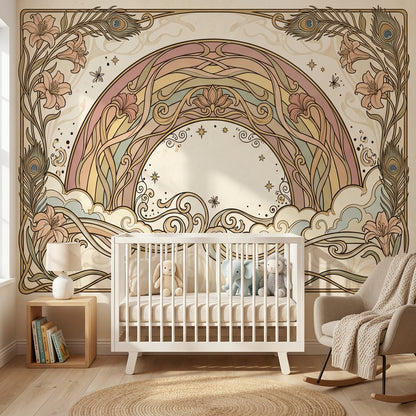 Art Nouveau Gökkuşağı Poster Duvar Kağıdı Bej Krem Bebek Odası
