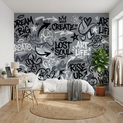 Gri Graffiti Yazılı Poster Duvar Kağıdı Genç Odası Dekoru