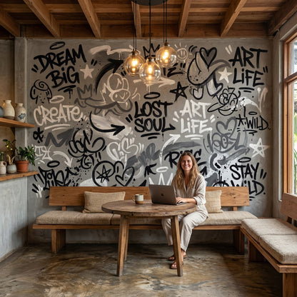 Gri Graffiti Yazılı Poster Duvar Kağıdı Genç Odası Dekoru