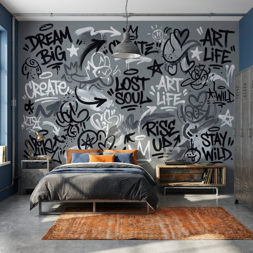 Gri Graffiti Yazılı Poster Duvar Kağıdı Genç Odası Dekoru